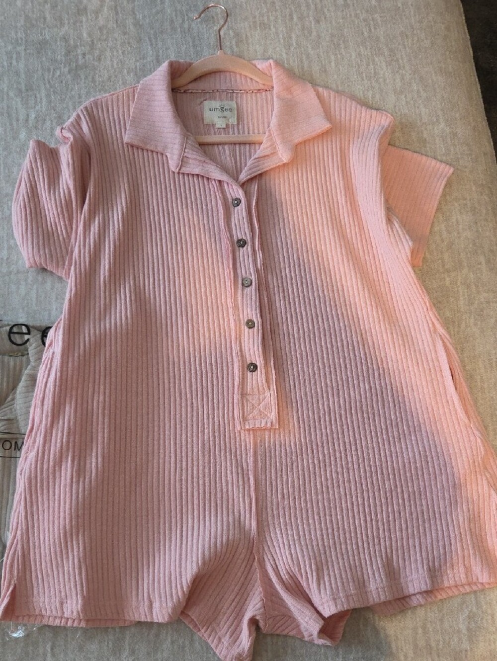 2 Size Small Umgee Pink & Also A Tan, Ribbed Button-Front Rompers - Picture 2 of 4